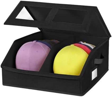 Hat Storage for Baseball Caps-Holds Up to 24 Caps, Hat Organizer for Closet Stackable Hat Box with Cardboard, Dustproof Baseball Cap Organizer with 2 Handles for Home Travel (Black, 1 Pack) by RZMAYIS