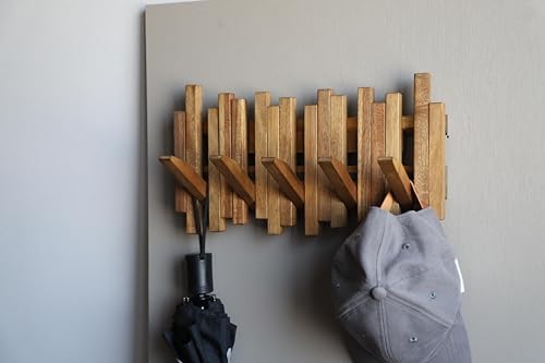 Natural Wood Wall Mounted Piano Coat Rack| Coat Rack Wall Mount| Flip Down Wall Hook Rack 5 Hooks| Entryway Wall Art Hook,Made of Acacia Wood (Wood Wax Oil staining Light Brown). - Image 4