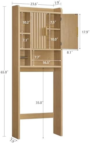 TEENFON Over The Toilet Storage Cabinet with 4 Open Shelves and Adjustable Shelf, Extra Tall Bathroom Organizer Unit with 2 Wood Doors, Home Space Saver for Bathroom, Laundry Room, Natural - Image 3
