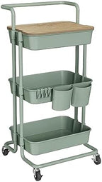 DTK 3 Tier Rolling Utility Cart with Cover Top Board, Movable Kitchen Storage Cart Trolley with Lockable Wheels, Cups, Hooks for Kitchen Bathroom Home Office Art Craft Storage(Turquoise/Green) by DTK
