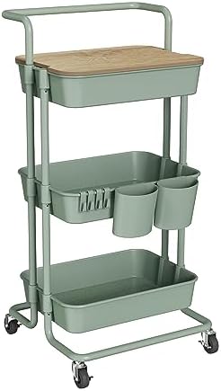 DTK 3 Tier Rolling Utility Cart with Cover Top Board, Movable Kitchen Storage Cart Trolley with Lockable Wheels, Cups, Hooks for Kitchen Bathroom Home Office Art Craft Storage(Turquoise/Green) by DTK