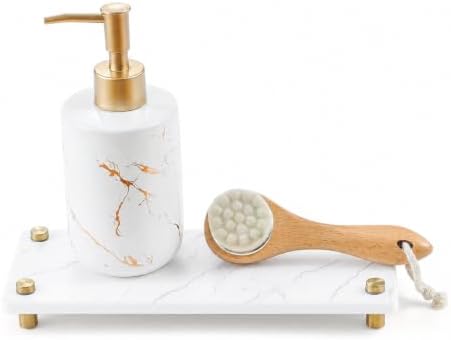 White Marble Pattern Style Water Absorbing Stone Sink Caddy, Bathroom & Kitchen Counter Organizer Tray, Faucet Drying Mat Soap Dish Rack Riser Dispenser Sponge Holder, Gold Metal Feet, 10" x 4" by Razborci