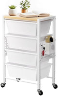 Rolling Cart with 4 Drawers, Plastic Drawer Storage Carts with Wheels & Wooden Tabletop, Metal Utility Cart with Pegboards, Office Living Room Classroom Craft Organization and Storage, Bright White by TimeForest