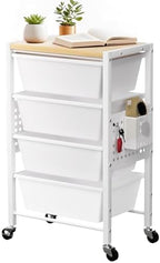 Rolling Cart with 4 Drawers, Plastic Drawer Storage Carts with Wheels & Wooden Tabletop, Metal Utility Cart with Pegboards, Office Living Room Classroom Craft Organization and Storage, Bright White by TimeForest