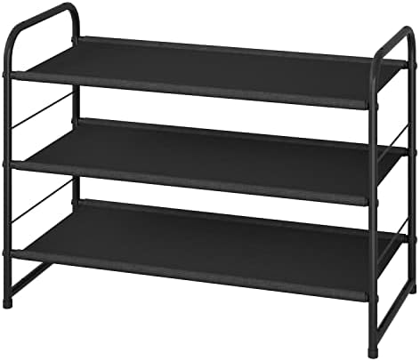 Simple Trending 3 Tier Stackable Shoe Rack, Expandable Adjustable Fabric Shoe Shelf Storage Organizer, Black by SimpleTrending