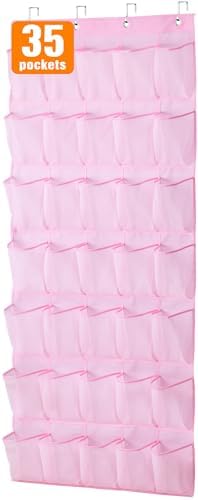 MISSLO 35 Large Pockets Over The Door Shoe Organizer Sturdy Oxford Fabric Hanging Shoe Rack for Door Mesh Closet Shoe Holder Hanger, Pink by MISSLO