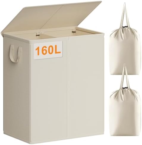 Chrislley Double Laundry Hamper with Lid, 160L Laundry Basket 2 Section by Chrislley
