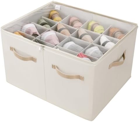 TOPIA HOME Shoe Organizer for Closet, Foldable Shoe Box with Adjustable Dividers and Clear Cover, Space Saving Shoe Storage Organizer Cabinet with Reinforced Handles, Fits 16 Pairs, Beige TP09Y by TOPIAHOME