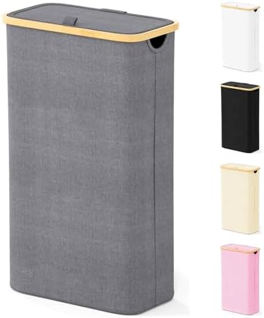 SpaceAid Slim Laundry Hamper with Lid, 65L Narrow Clothes Basket Bin with Bamboo Handles, Skinny Tall Collapsible Hamper for Bedroom, Bathroom, Dorm, Laundry Room - Grey by SpaceAid