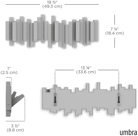 Umbra Sticks Wall Mount Coat Rack, 5 Hook Retractable Pegs, Grey - Image 3