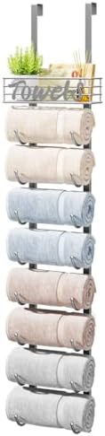 HapiRm Towel Racks for Bathroom Storage - 9 Tier Over The Door & Wall Mount Rolled Towel Storage Organizer Holder with Metal Shelf Basket for Small Bathroom, Camper, Rv - Sliver, Patented by HapiRm