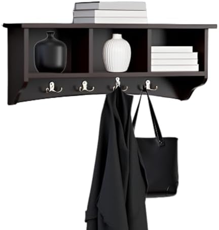 Shaker Cottage Wall-Mounted Coat Rack with 3 Storage Cubbies and Hooks – Hanging Wall Organizer for Entryway, Mudroom, or Hallway, Space-Saving Wall Shelf, 36" W x 9" D x 14" H (Chocolate Finish) by AlaterreFurniture
