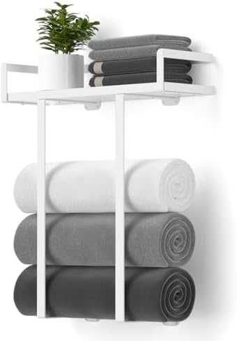 Towel Racks for Bathroom Wall Mounted, Xstydes Metal Towel Holder with Wooden Shelf for Folding Large Towels, Towel Storage for Small Bathroom Organizer Decor or RV Camping,White by XstydesDreamworks