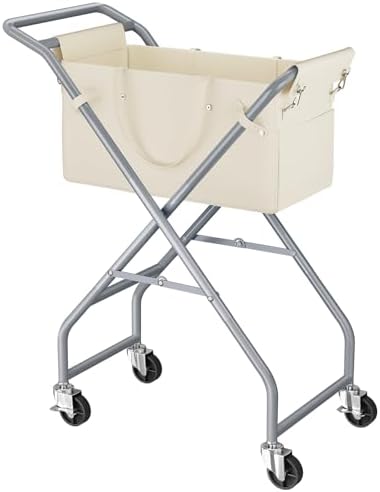 No-Bend Laundry Cart- Rolling Hamper with Locking Wheels & Handle, Foldable Basket Screw-Free Assembly, Durable Metal Frame & Removable Liner Bag for Bedroom & Bathroom (Beige) by Unknown