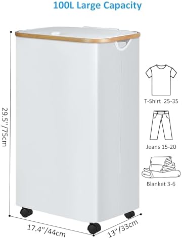 efluky Laundry Basket with Wheels, Tall Rolling Laundry Hamper with Lid and Removable Bag, Aesthetic Dirty Clothes Hamper on Wheels for Laundry Room, Bedroom, Dorm and Bathroom, 100L White - Image 2