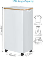 efluky Laundry Basket with Wheels, Tall Rolling Laundry Hamper with Lid and Removable Bag, Aesthetic Dirty Clothes Hamper on Wheels for Laundry Room, Bedroom, Dorm and Bathroom, 100L White - Image 2