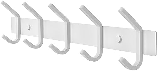 White Coat Rack Wall Mount – 15 Inch Stainless Steel Hook Rail with 5 Heavy Duty Double Coat Hooks – Wall Mounted Coat Hanger for Entryway, Bathroom, Bedroom, Towel, Hat Organizer by SAYONEYES
