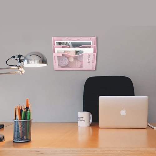 EASEPRES 3 Pocket Mesh Hanging Wall File Organizer, Wall Mounted Mail Paper Document Folder Holder, Clipboard Storage Organization Magazine Rack with Nametag Label for Office Home School, Pink - Image 4