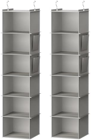 Hanging Closet Organizer and Storage, 6-Shelf, 2 Packs, Light Grey | Breathable Fabric, 2 Side Pockets, Clothes Organizer, Hanging Shelves, Closet Storage, College Dorm Room Essentials for Guys by YOUDENOVA