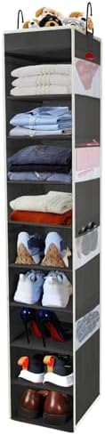 Large-Sized Hanging Shoe Organizer 10-Shelf, Sturdy Hanging Closet Organizer with 8 Side Pockets, Wider Hanging Shelves for Storage Shoes Clothes Jeans Shirts Toys, Black by ROOMTALK