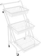 3 Tier Foldable Rolling Cart, Metal Rolling Utility Cart Adjustable Movable Storage Organizer with Wheels for Living Room, Kitchen, Bathroom Bedroom and Office, (White) - Image 3