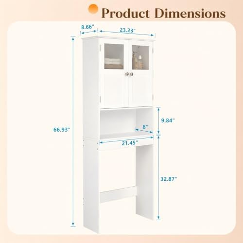 Bonnlo Over the Toilet Storage Cabinet with Adjustable Shelf White Bathroom Floor Organizer Space Saver with Double Doors, 67" Height - Image 2