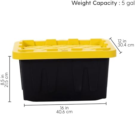 Plastic 5-Gallon Storage Tote with Lockable Lid, Stackable Tough Regular-Duty Bin for Garage, Tools, and Home Organization (4-Pack) - Black and Yellow - Image 5