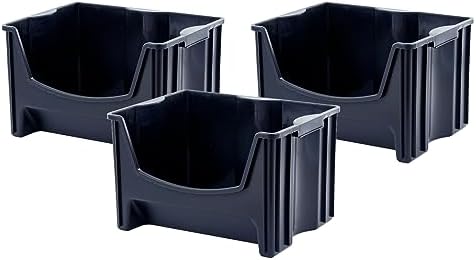 Mighty Tuff Jumbo Stackable Storage Bins, Pack of 3, Easy-Access Storage, Large Easy-to-Grip Handles, Wide Front Opening, Interlocking, Stack Vertically, Black by MightyTuff