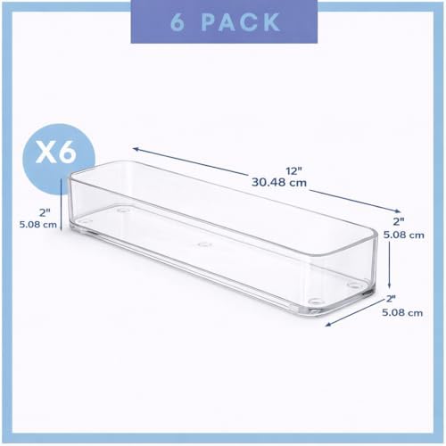 primebox Plastic Clear Acrylic Drawer Organizers. Bathroom, Kitchen, Bedroom, Utensils, Office Organizer Bins, Storage Trays. Heavy Duty, Stackable. 9" x 2" x 2" Set of 6 - Image 2