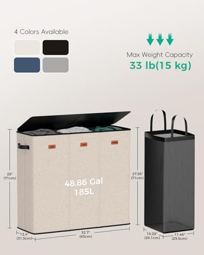 185L Laundry Hamper 3 Section with Lid & Removable Bags - Image 4
