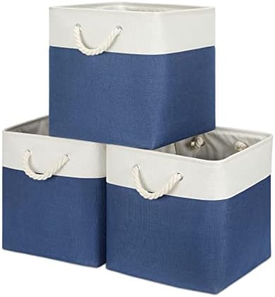 Bidtakay Storage Baskets Large Cube Storage Bins Fabric Baskets for Organizing Shelves 13x13 Navy Blue Square Storage Bins Large Set of 3 Linen Closet Organizers for Cabinet Home by BidtakayBaskets