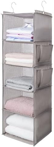 BOOMIBOO Hanging Closet Organize and Shelves,5-Hanging Shelf（Light Grey） | with 2 Side Pockets，Storage Foldable by BOOMIBOO