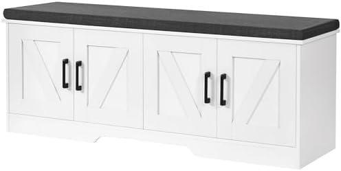 HOMSHO Farmhouse Shoe Storage Bench with 4 Barn Doors & Padded Seat Cushion by HOMSHO