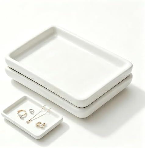 Square Minimalist Ceramic Ring Dish, White Jewelry Tray for Women, Modern Vanity Decor & Organizer, Ideal Engagement Wedding Birthday for Friend Sister by Unknown