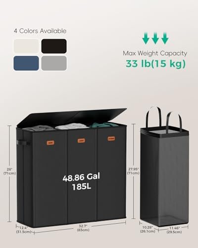 185L Laundry Hamper 3 Section with Lid & Removable Bags - Image 5