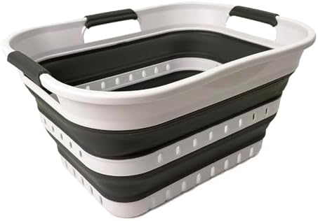 SAMMART Collapsible Plastic Rectangular Laundry Basket - Foldable Pop Up Storage Container/Organizer - Portable Laundry Hamper - Space Saving (White/Steel Grey, 19L) by SAMMART