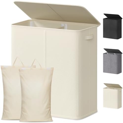 Lifewit Double Laundry Hamper with Lid, Removable Laundry Bags, Ivory White by Lifewit