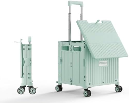Foldable Utility Cart with Stair Climbing Wheels, Collapsible Rolling Crate with Telescoping Handle, Folding Shopping Trolley Handcart Grocery Book File Tool Teacher Storage Basket (Green, 4 Wheels) by Gorocking