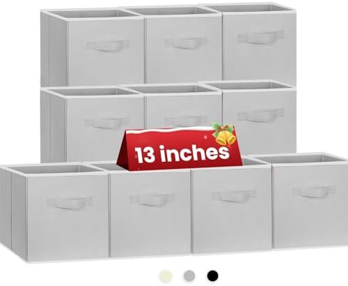 Criusia Large Storage Cubes, 13 Inch Cube Storage Bins for Shelves Closet Nursery Bedroom - 10 Pack Collapsible Storage Baskets with Handles - Fabric Bins for Organizing Magazines Clothes Toys (Grey) by Criusia