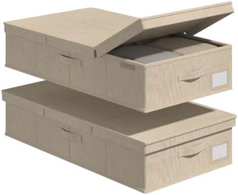FHSQX Under Bed Storage Container 2Pack 6 Inches Low Profile Under-bed Organizer Bins Slim Under Couch Storage Box Ideal For Seasonal Clothes Blankets Towel Fabric (2, Beige, 31.5 * 16.5 * 6in) by FHSQX
