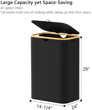 SpaceAid Double Laundry Hamper 2 Section with Lid and Removable Laundry Bags, 160L Clothes Basket with Bamboo Handles, Large Collapsible Hamper for Bedroom, Bathroom, Dorm, Laundry Room - Black - Image 5