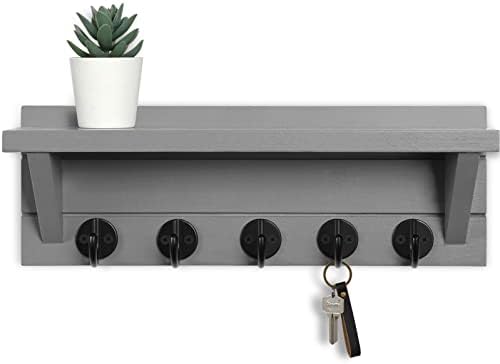 Lwenki Wall Key Holder with Shelf, Rustic Shelf with Hooks Made of Paulownia Wood Holds Keys, Dog Leash, Bags and More - 13.7" W x 4.7" H x 3.5" D Decorative Key Hanger and Entryway Shelf (Gray) by Lwenki