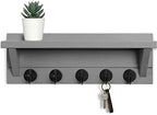 Lwenki Wall Key Holder with Shelf, Rustic Shelf with Hooks Made of Paulownia Wood Holds Keys, Dog Leash, Bags and More - 13.7" W x 4.7" H x 3.5" D Decorative Key Hanger and Entryway Shelf (Gray) by Lwenki