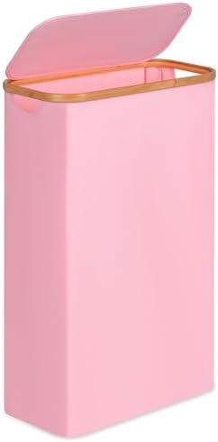 Slim Laundry Basket,60L Laundry Hamper with Lid, Tall Hamper for Laundry,Dirty Cloth Hamper with Bamboo Handle for Toys,Towels, Clothes Organizing,Pink by Merkisa