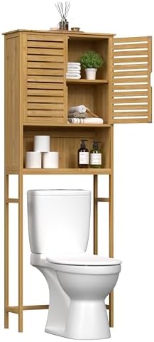 Yardenaler Over-The-Toilet Storage Shelf with Doors, Bathroom Freestanding Bamboo Organizer Space Saver with Adjustable Shelf, Natural - Image 6