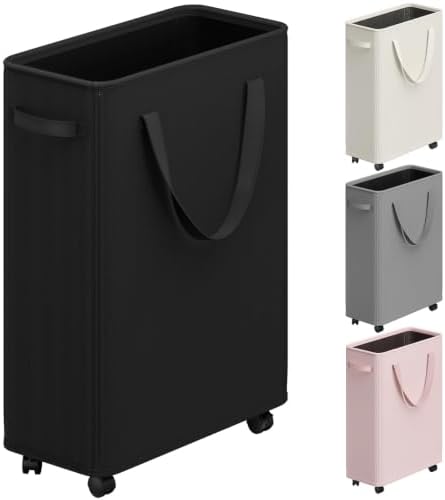 Optish Slim Laundry Basket with Wheels, Black Rolling Hamper for Clothes by Optish