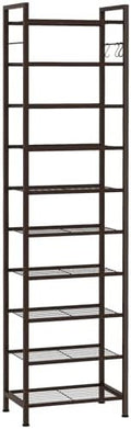 usikey 10 Tiers Narrow Shoe Rack 20-30 Pairs, Sturdy Metal Tall Shoe Rack Shelf with 4 Hooks, Slim Shoe Storage with Metal Shelf, Space Saving Vertical Shoe Organizer for Closet Entryway, Bronze by USIKEY