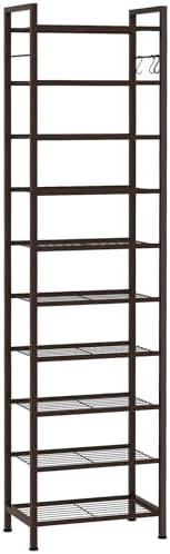 usikey 10 Tiers Narrow Shoe Rack 20-30 Pairs, Sturdy Metal Tall Shoe Rack Shelf with 4 Hooks, Slim Shoe Storage with Metal Shelf, Space Saving Vertical Shoe Organizer for Closet Entryway, Bronze by USIKEY