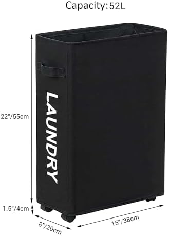 Slim Laundry Hamper with Wheels, 52L Skinny Hamper, 22" Black - Image 2