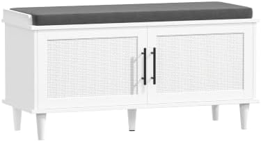 Akxomel 39.4" Rattan Shoe Storage Bench 2 Doors Wooden Entryway Bench White by Akxomel